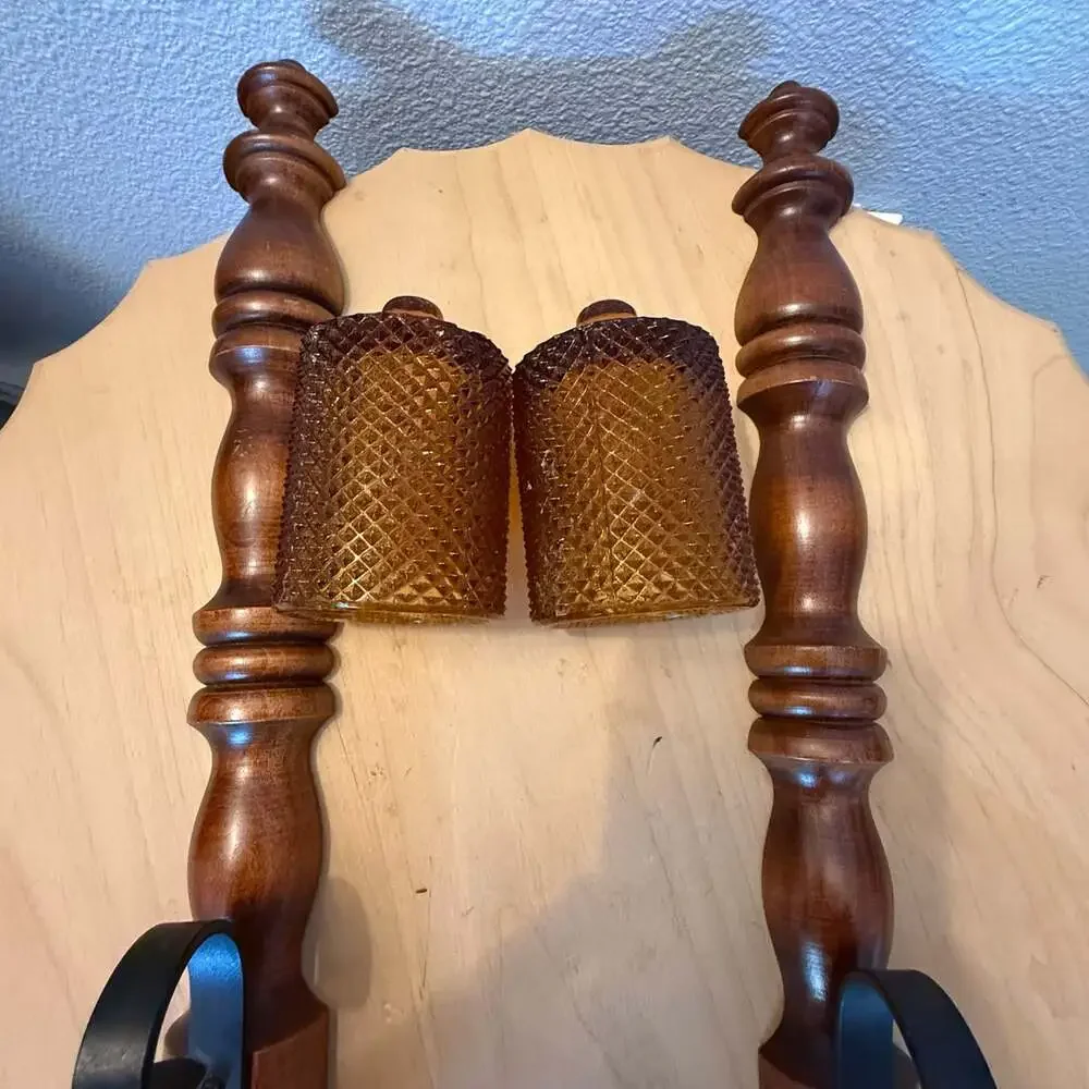 Vintage Wood and Metal Wall Sconces with Amber Diamond Point Glass Votives